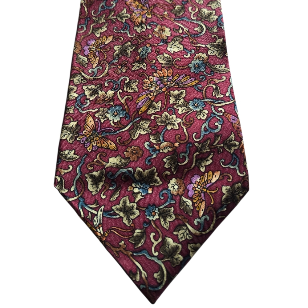 VTG Christian Dior Floral Butterfly Burgundy Silk Necktie